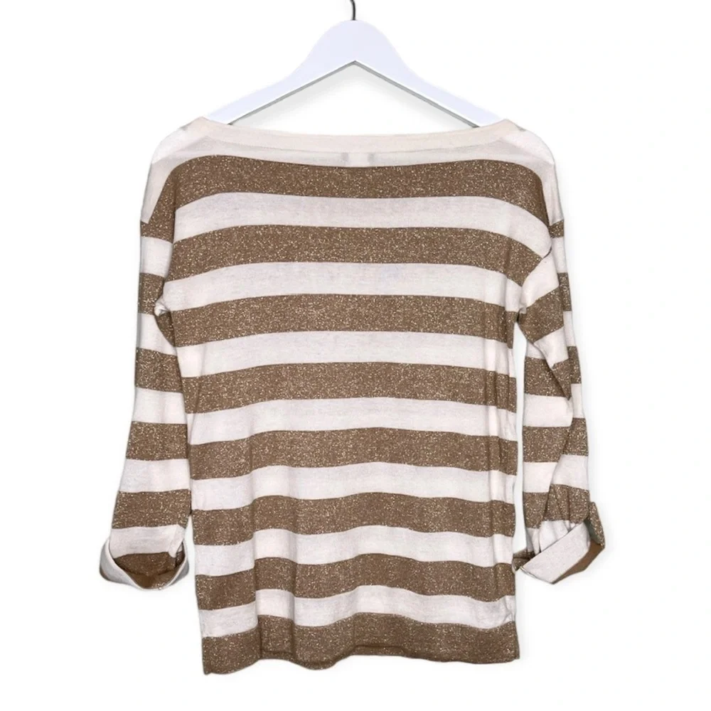 J. Crew Wool‎ Blend Roll Button Long Sleeve Top Striped Gold Shimmer White XS